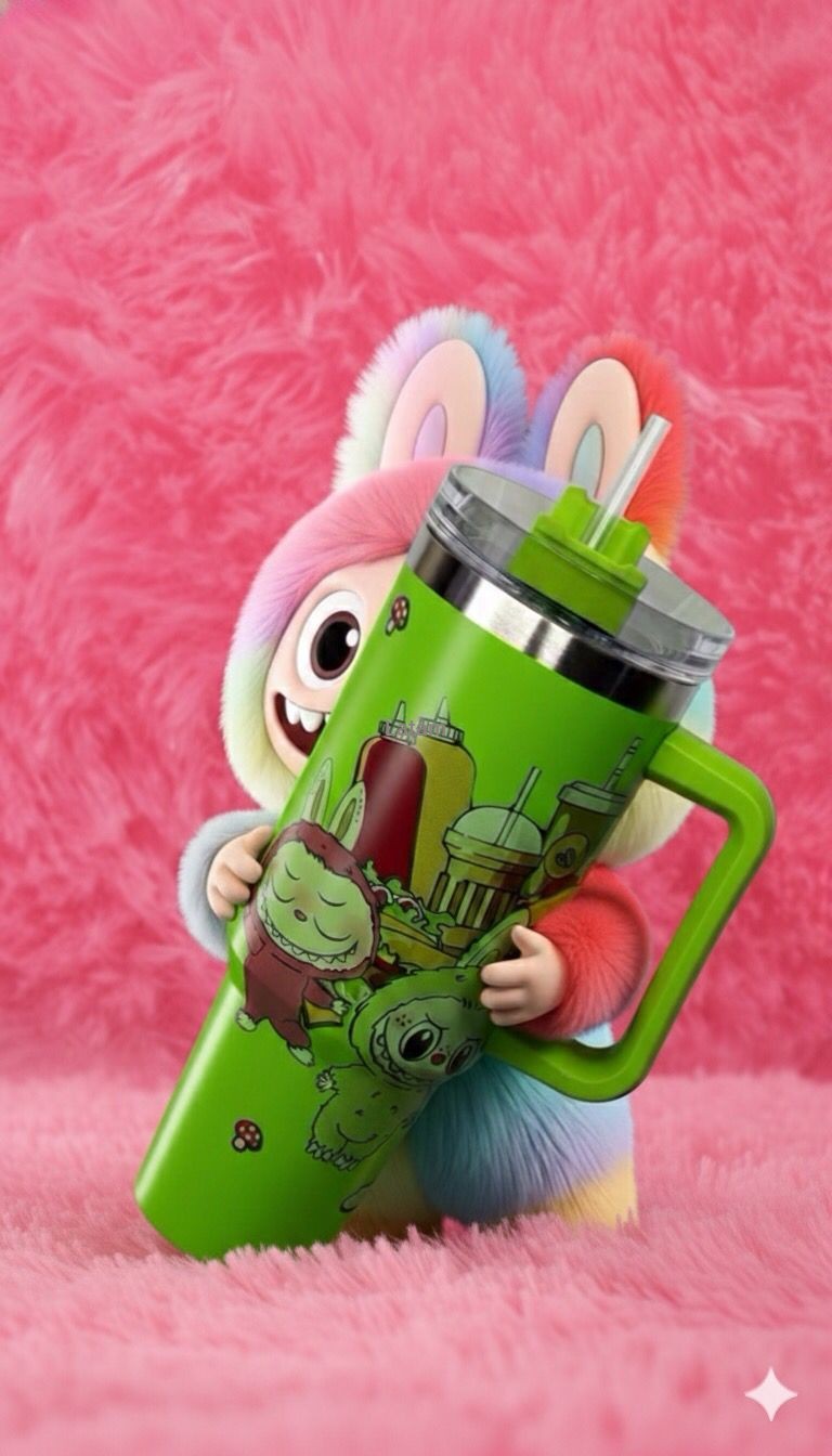 Vaso Térmico Labubu Verde 1200ml Con Asa Y Pajilla