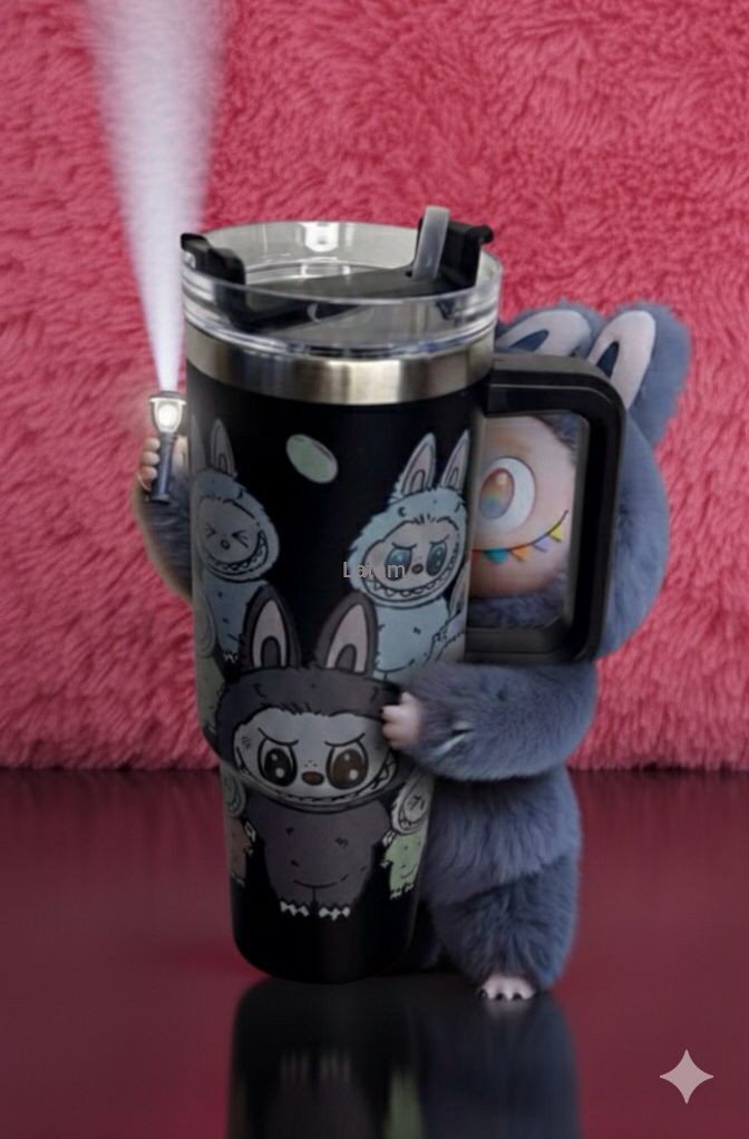 Vaso Térmico Labubu Negro 1200ml Con Asa Y Pajilla